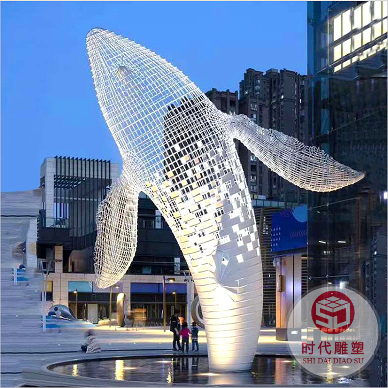 不銹鋼雕塑定制海豚浪花鏡面卡通人物假山金屬擺件戶(hù)外園林水景觀